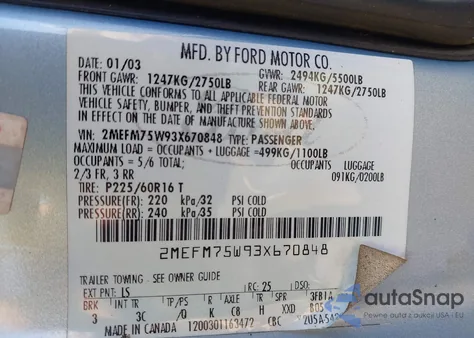 2003 Mercury Grand Marquis Ls z USA, uszkodzony, nr VIN 2MEFM75W93X670848